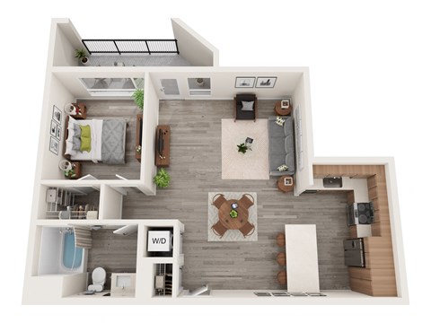 A top-down view of a modern apartment layout with a kitchen, living room, and bathroom.